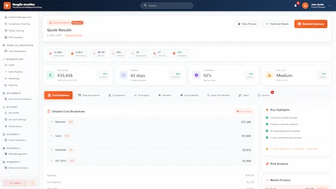 Quote Results - AI-generated quote with detailed cost breakdown (materials, labor, overhead, VAT), confidence metrics, risk level, and key highlights.